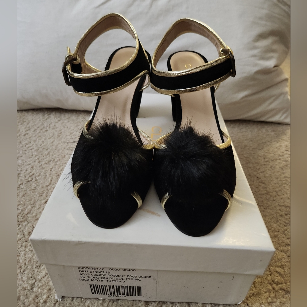 Cleo B Elegant Leather and Suede Black and Gold Heels with Fur PomPom Detail